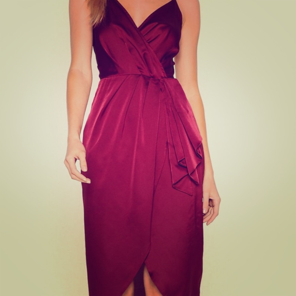 Cranberry V Wrap Satin Midi